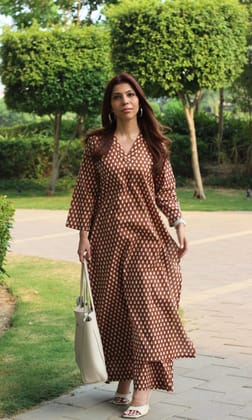 Cotton Coffee Printed A-line Kurta and Plazo Set-XXS