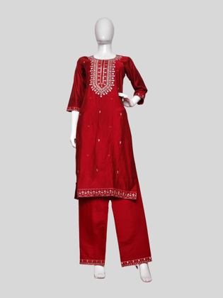 Rayon-Cotton Embroidered Straight Kurti Set with Pant and Dupatta-Red / L