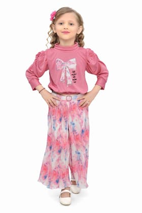 Be:Kids Pink Puff-Sleeve Top and Floral Wide-Leg Pants Set for Girls