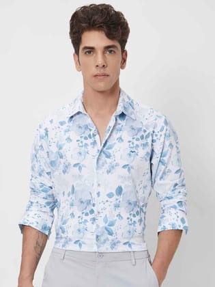 Mufti White Floral Print Slim Fit Casual Shirt