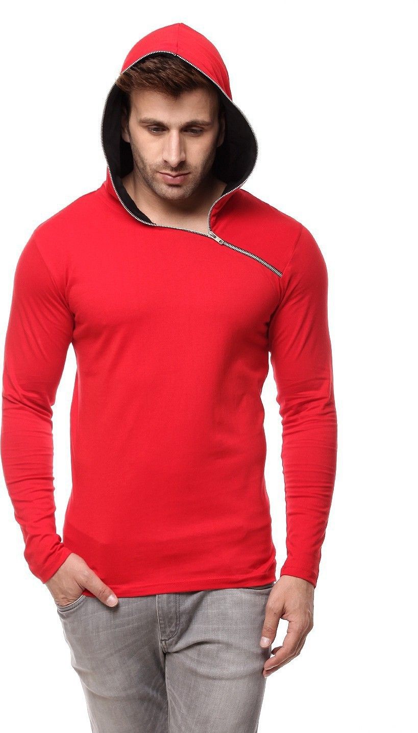 Gritstones Solid Men Hooded Red, Black T-Shirt