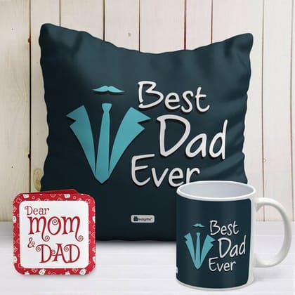 Indigifts Indigift Dad Birthday Gift Best Dad Ever Printed Blue Cushion Cover 12"x12" with Filler & Coffee Mug - Anniversary Gift for Dad , Fathers Day Gift , Dad Anniversary Gift, Daddy Gift