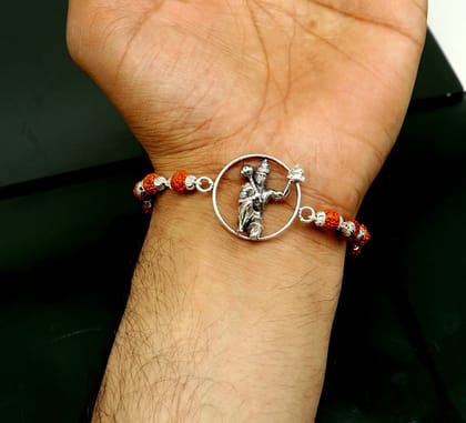 8.5" 925 Sterling silver customized rudraksha beaded Lord Hanuman Rakhi bracelet. best gift for your brother's of special Rakshabandhan rk06