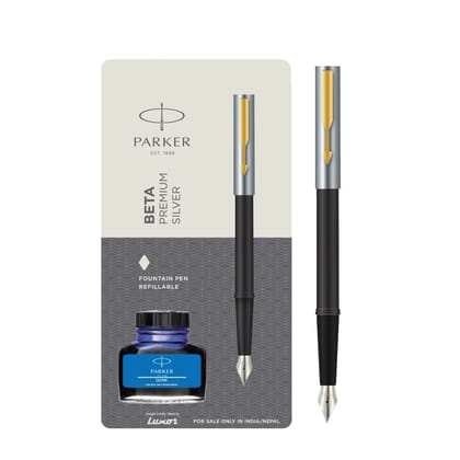 Parker Beta Premium Fountain Pen With Gold Trim + Ink Bottle - Body Color Silver - Ink Color Blue