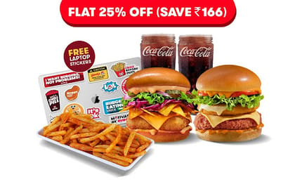 FLAT 25% On Lord Cheesynator & Veg Nachoburg + Piri Piri Fries + 2 Coke