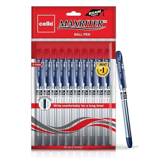 Cello Maxriter Ball Pen | Pack of 5 | Blue Ball Pens | Lightweight Ball Pens for Pressure Free & Fine Writing | Elasto Grip for Comfort | Ball Pens with Lubriflow Ink System Pens