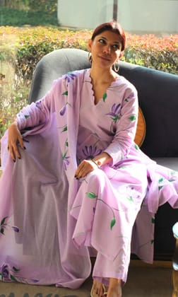 Cotton Lilac Handbrush Painted Suit with Cotton Handpainted Dupatta-XXS