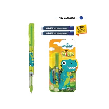 Hauser Inx Dino Liquid Ink Fountain Pen Blister Pack | Cushiones Nib For Break Free Writing | Free 2 Pieces X-Large Jumbo Cartridges | Blue Ink, Pack Of 1