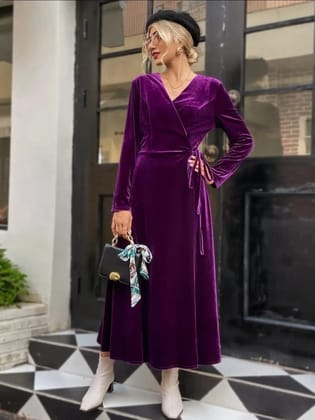 Purple Velvet Wrap Maxi Dress-L / PURPLE