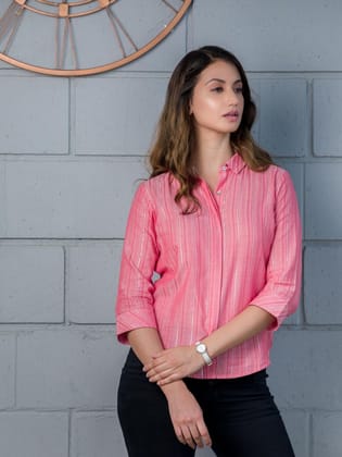 Pink Lurex Hidden Placket Shirt-XS