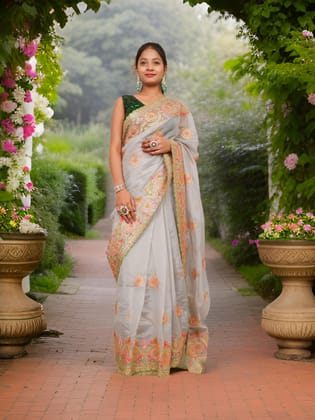 Designer Saree with Zari Thread Work & Embroidery by Shreekama-Grey / Free Size