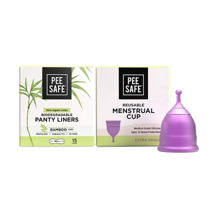 Pee Safe Menstrual Cup Extra Small & 100 Biodegradable Panty Liners. FDA Approved Silicone for Comfort & Long-lasting Protection.-Pee Safe Menstrual Cup (XS) & 100% Biodegradable Panty Liners | F