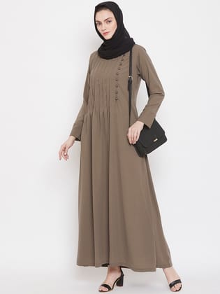 Nabia Women Oat Solid Side Plate Abaya Dress With Georgette Scarf-XS / 54