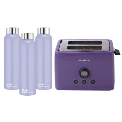 The Better Home FUMATO 1000 Watt 2 Slice Pop-up Toastmate Toaster  Stainless Steel Water Bottle 1 Litre Pack of 3 Purple-The Better Home FUMATO 1000 Watt 2 Slice Pop-up Toastmate Toaster & Stainl