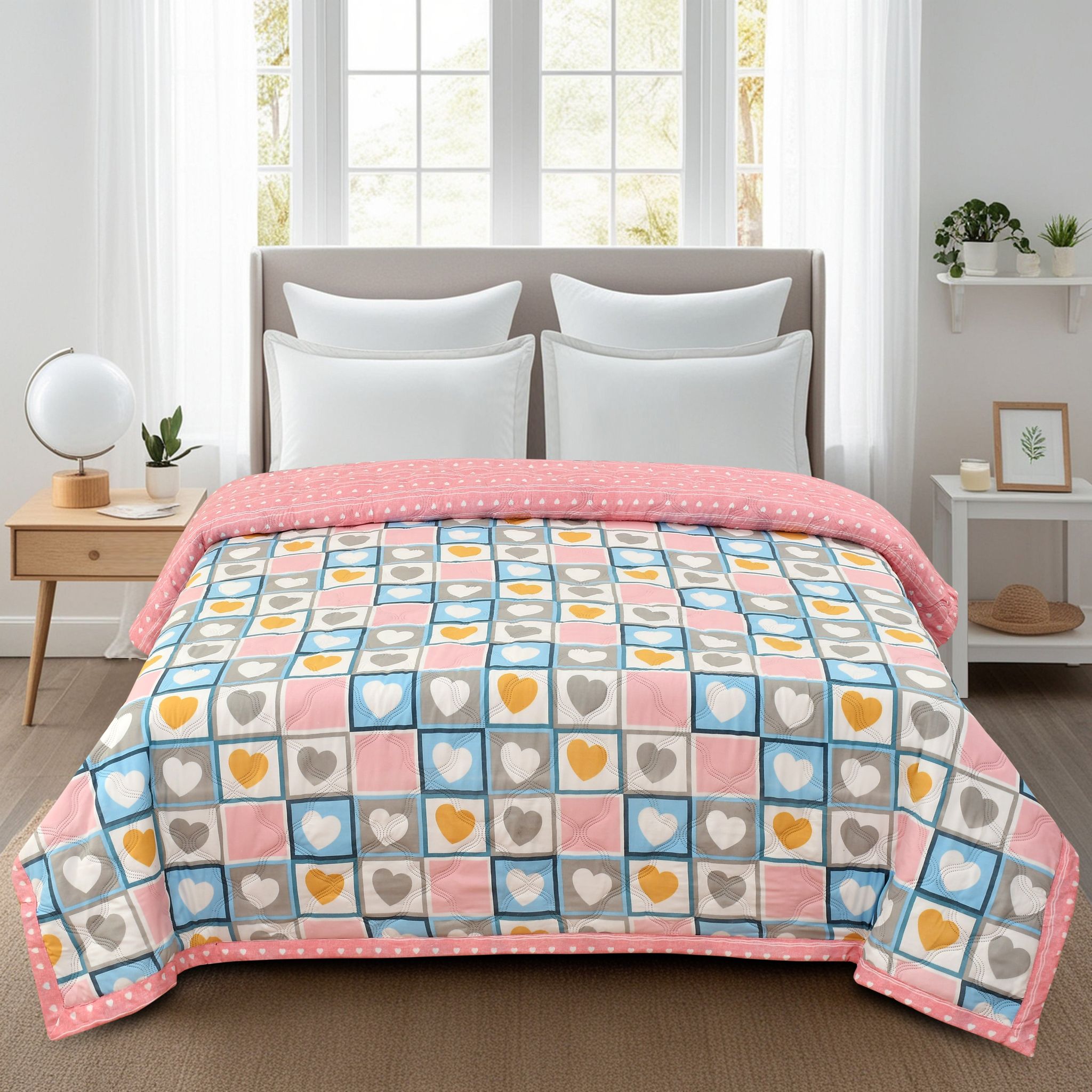 Pink Heart Comforter 180 GSM AC Room Reversible Double Bed Comforter