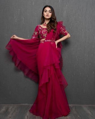 Bollywood Style Organza Silk SAREE-MAROON / FREE SIZE