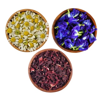 Chamomile Tea - Blue Tea - Hibiscus Tea Combo Pack-Chamomile Tea - Blue Tea - Hibiscus Tea Combo Pack - 25 gms x 3 Teas - 75 Cups