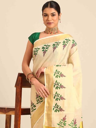 Kalyan Silks Golden Tissue Green Printed Set Saree