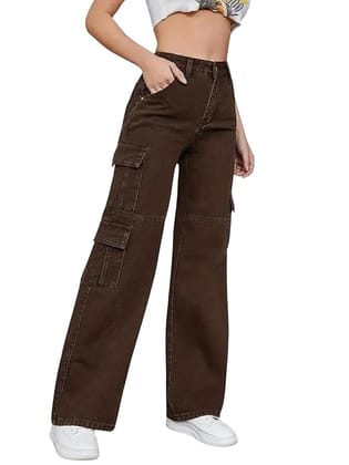 Glossia Fashion High Waist Cargo Denim Jeans for Women Wide Leg Stretchable Straight Fit Jeans -  Dark Brown, 26