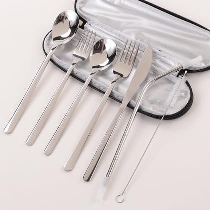 Kuber Industries 35 Pcs Utensil Set, Pack of 5, Stainless Steel Flatware with Bag, Travel Organizer, Durable, Practical, Gray Cover-Kuber Industries 35 Pcs Utensil Set | Stainless Steel Flatware 