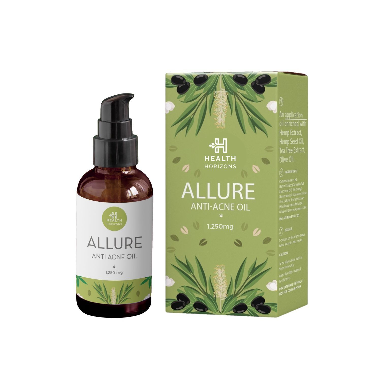 Health Horizon Allure Hemp Oil for Skin and Face, Anti-bacterial and Anti-inflammatory oil for Skin brightening and boosts collagen made with cannabis leaf extract (1.250 mg)