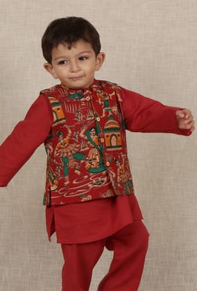 Kairav Maroon Kalamkari Printed Cotton Nehru Jacket-0-3M