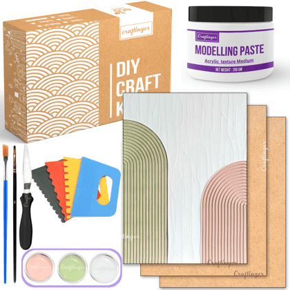 Craftinger Large Texture Art Kit 14 x 12 Inch MDF Bases (Set of 2), 4 Texturing Scrapers, 200gm Modelling Paste and More DIY Textured Art for Home Decor & Craft Project