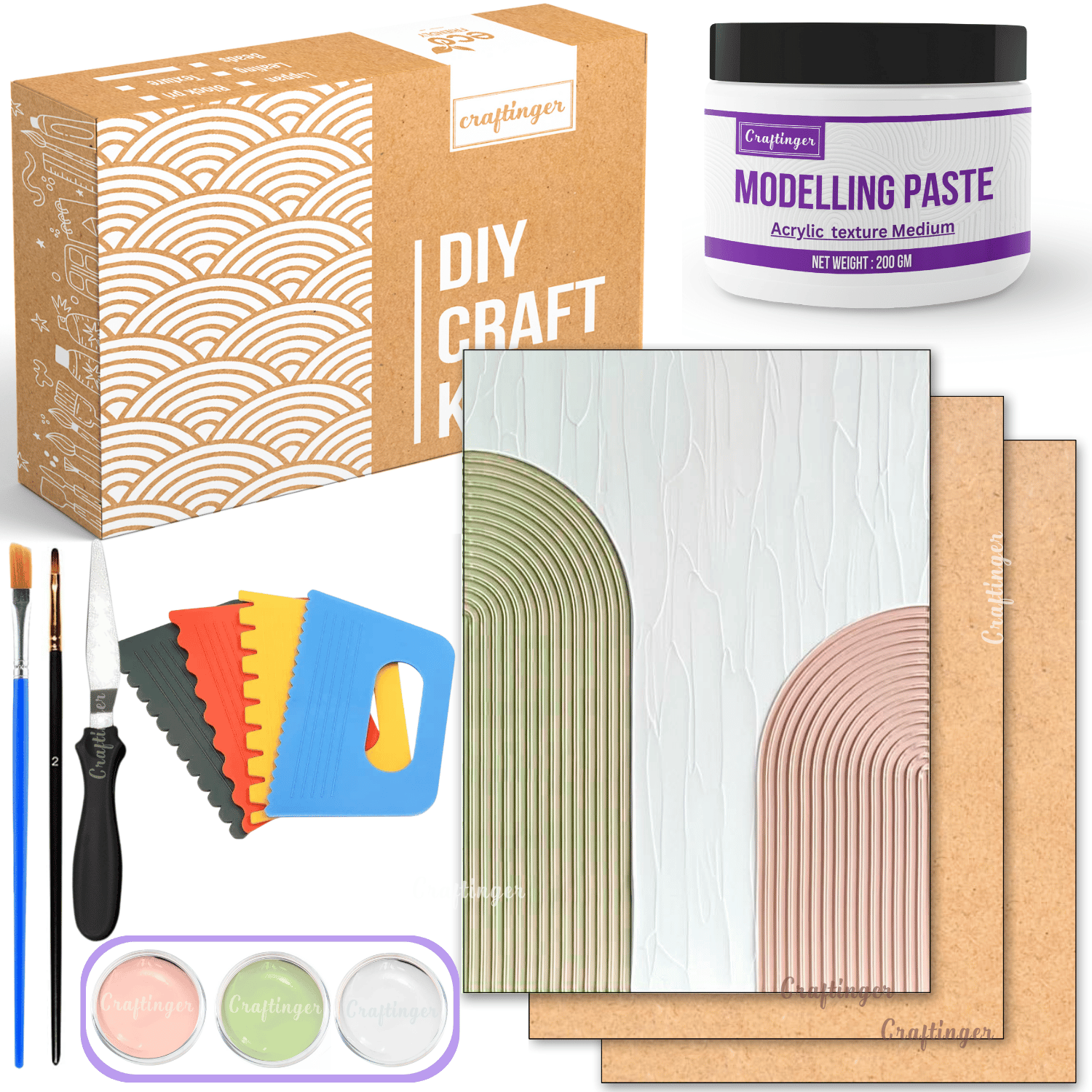 Craftinger Large Texture Art Kit 14 x 12 Inch MDF Bases (Set of 2), 4 Texturing Scrapers, 200gm Modelling Paste and More DIY Textured Art for Home Decor & Craft Project