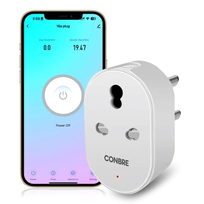 Conbre 16A Wifi+BT Smart Plug for automation, Energy Monitoring | Suitable for power appliances like ACs, Geysers & Water Pumps (Amazon Alexa & Siri)