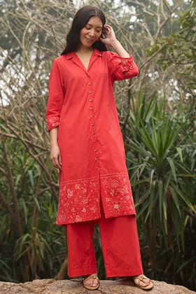 Okhai "Evermore" Hand-Embroidered Pure Cotton Kurta Pant Set-S