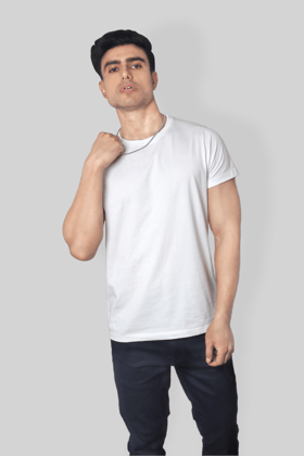 Solid White plain Round Neck Cotton Tshirt for men-M / White