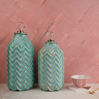 Charismatic Chevron Ceramic Decorative Vase And Showpiece - Set of 2-Big Vase : Height - 13 Inches & Width - 5 Inches and Small Vase : Height - 11 Inches & Width - 5 Inches / Ceramic / Available