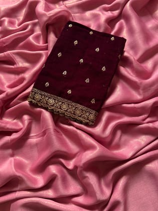 Latest Partywear Moss Chiffon Fancy Designer Saree With Velvet Embroidered Work Blouse-Pink