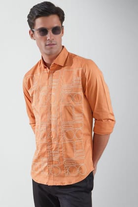 Embroidered Smart Casual Orange Shirt-TANGERINE / M