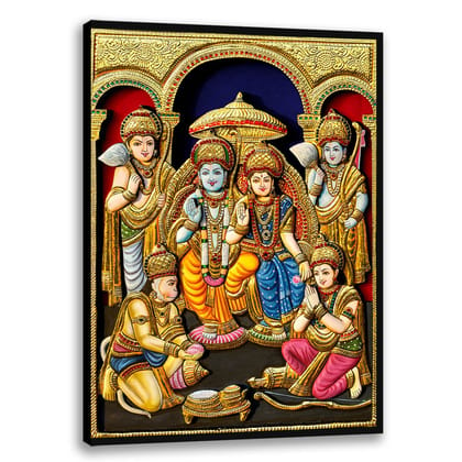 Shri Ram Darbar Tanjore Art, 3D Effect, Tanjore Wall Art, Tanjore Hindu God Art-8x10 (Framed) inches