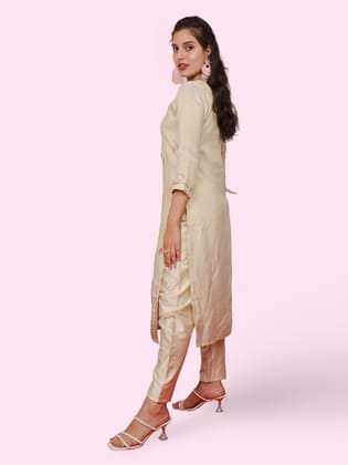 Women's Silk Kurta Set with Pants and Dupatta-Beige / L