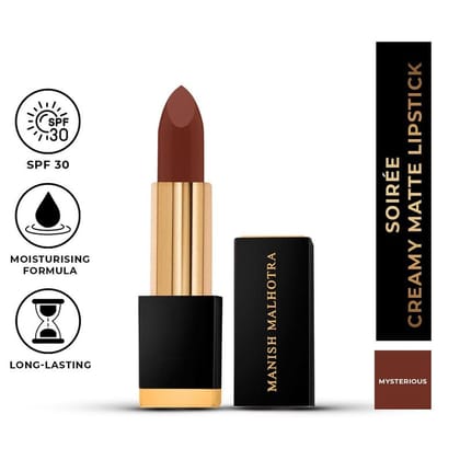 Manish Malhotra Soiree Creamy Matte Lipstick - Mysterious (Brown Shade) | Long Lasting, Pigmented With SPF 30 & Vitamin E