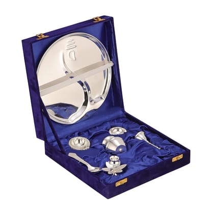 Brass Silver Pooja Thali Set Velvet Box for Rituals