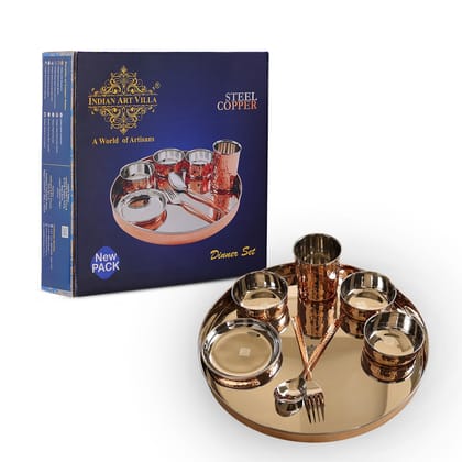 IndianArtVilla Handcrafted Pure Steel Copper 8 Pieces Dinner Set with Hammered Design