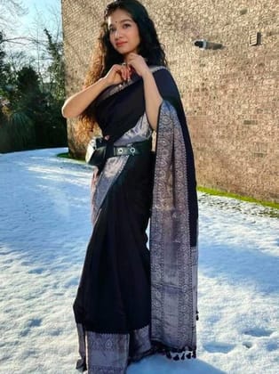 Black Banarasi Silk Saree With Silver Jari | Saree With Stitched Blouse | Silver Jari Border | India Sarees | Indian Saree | Gifts For Her  by Rang Bharat