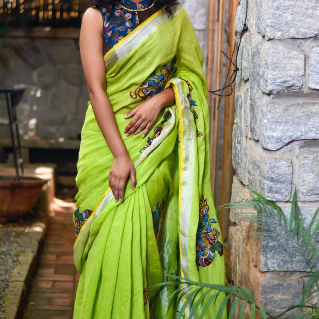 Lemon Green Digital Printed Plain Linen Premium Saree