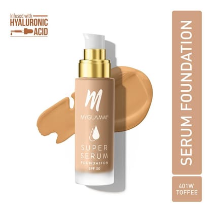 MyGlamm Super Serum Foundation - 401W Toffee | Serum-Infused, Long Lasting, Water-Resistant Foundation With SPF 30 For Sun Protection (33g)