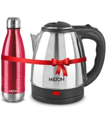 Milton Combo Set Go Electro Stainless Steel Kettle, 2 Litres, Silver and Duo Dlx 750 Thermosteel Hot and Cold Bottle, 700 ml, Maroon | Office | Home | Kitchen | Travel Water Bottle