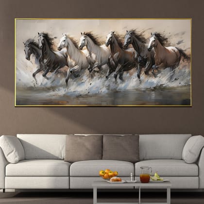7 Running Horses Wild Canvas Print For Wall Decoration at Home-Width : 24 Inches & Length : 48 inches / COMES WITH A GOLDEN COLOUR OUTER METAL FRAME / Available