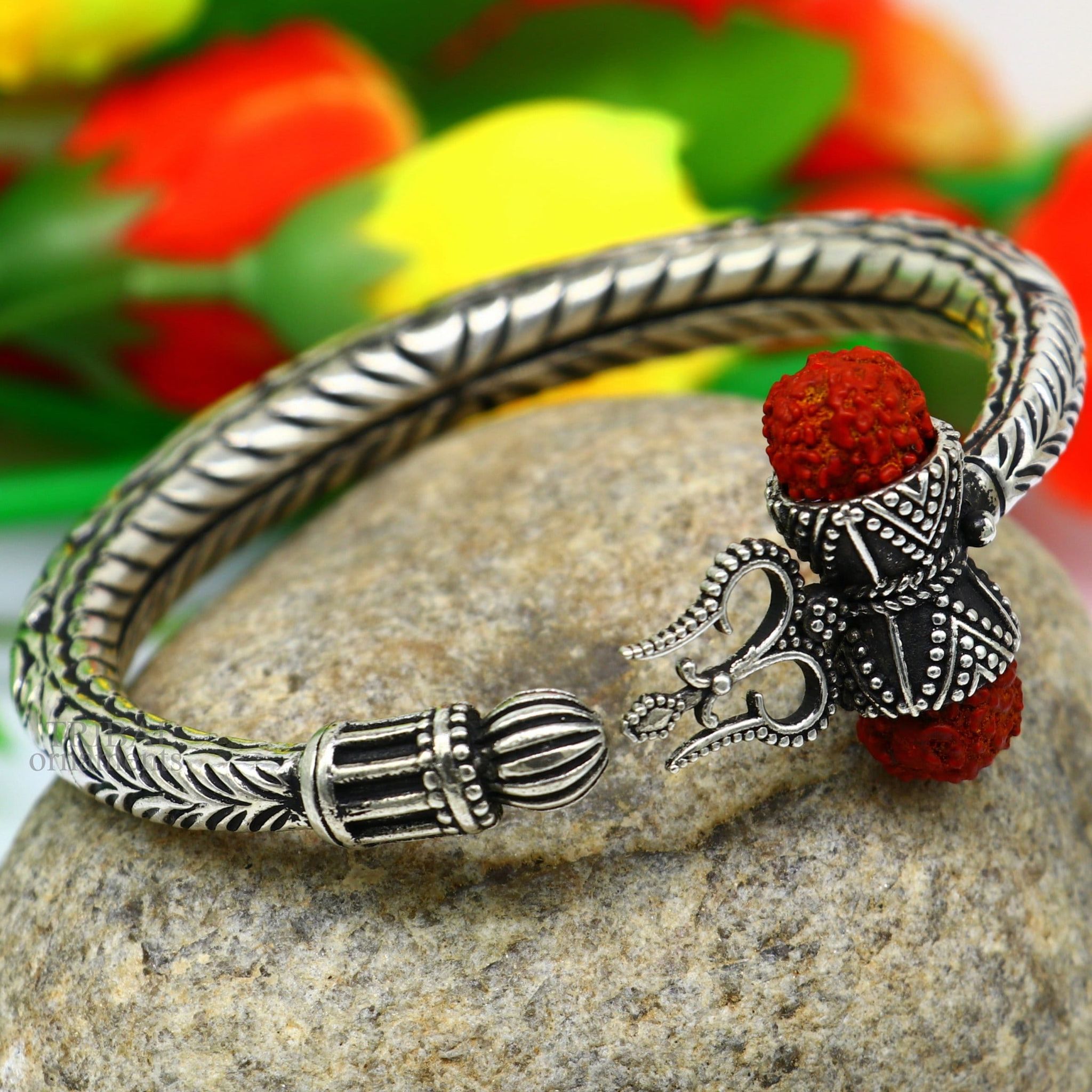 925 Sterling silver handmade chitai work Lord Shiva trident trishul kada bangle bracelet with natural Rudraksha bahubali kada nsk458