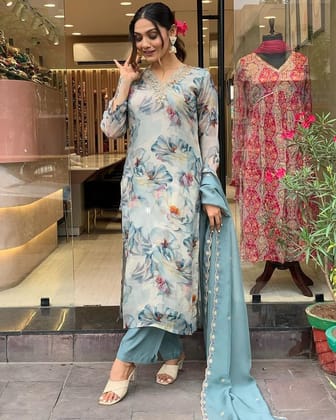 Beautiful ORGANZA Embroidered Straight Kurta with pant and dupatta sets-S