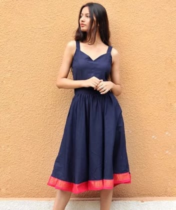 Vintage Style Navy Blue Sundress with Sari Border-XL