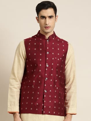 Men's Cotton Self Design Maroon Nehru Jacket-36