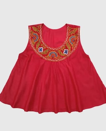 Boho Style Flared Top with Banjara Hand Embroidery-XS / Red