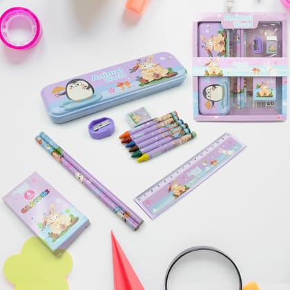 4297 School Supplies Stationery Kit with 1 Pencil Box Case 2 Pencils 6 Crayon Colors 1 Ruler Scale 1 Eraser 1 Sharpener Stationary Kit for Girls Pencil Pen Book Eraser Sharpener Crayons - Station